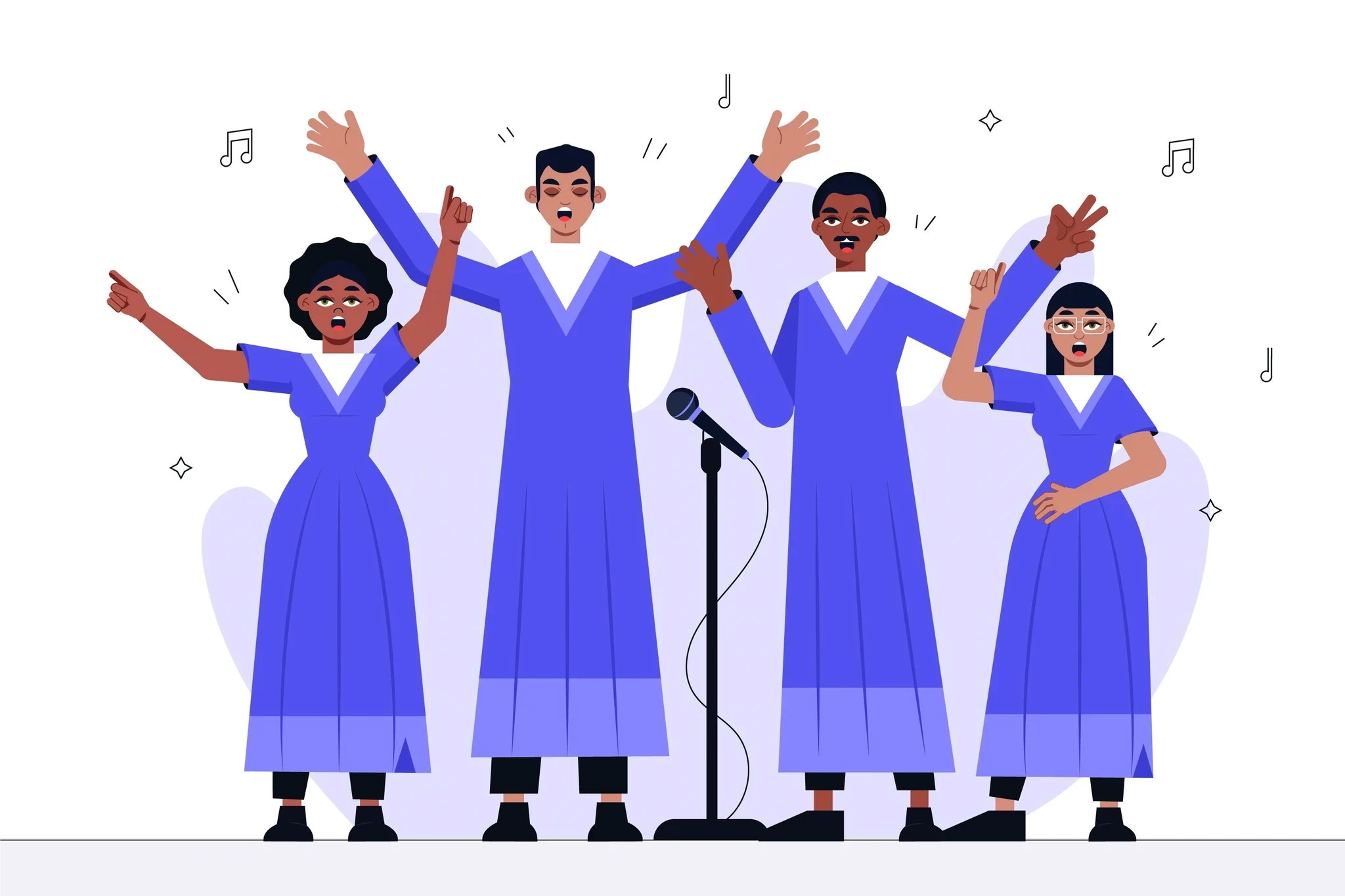 Ilustración de un coro de góspel cantando con las manos levantadas alrededor de un micrófono