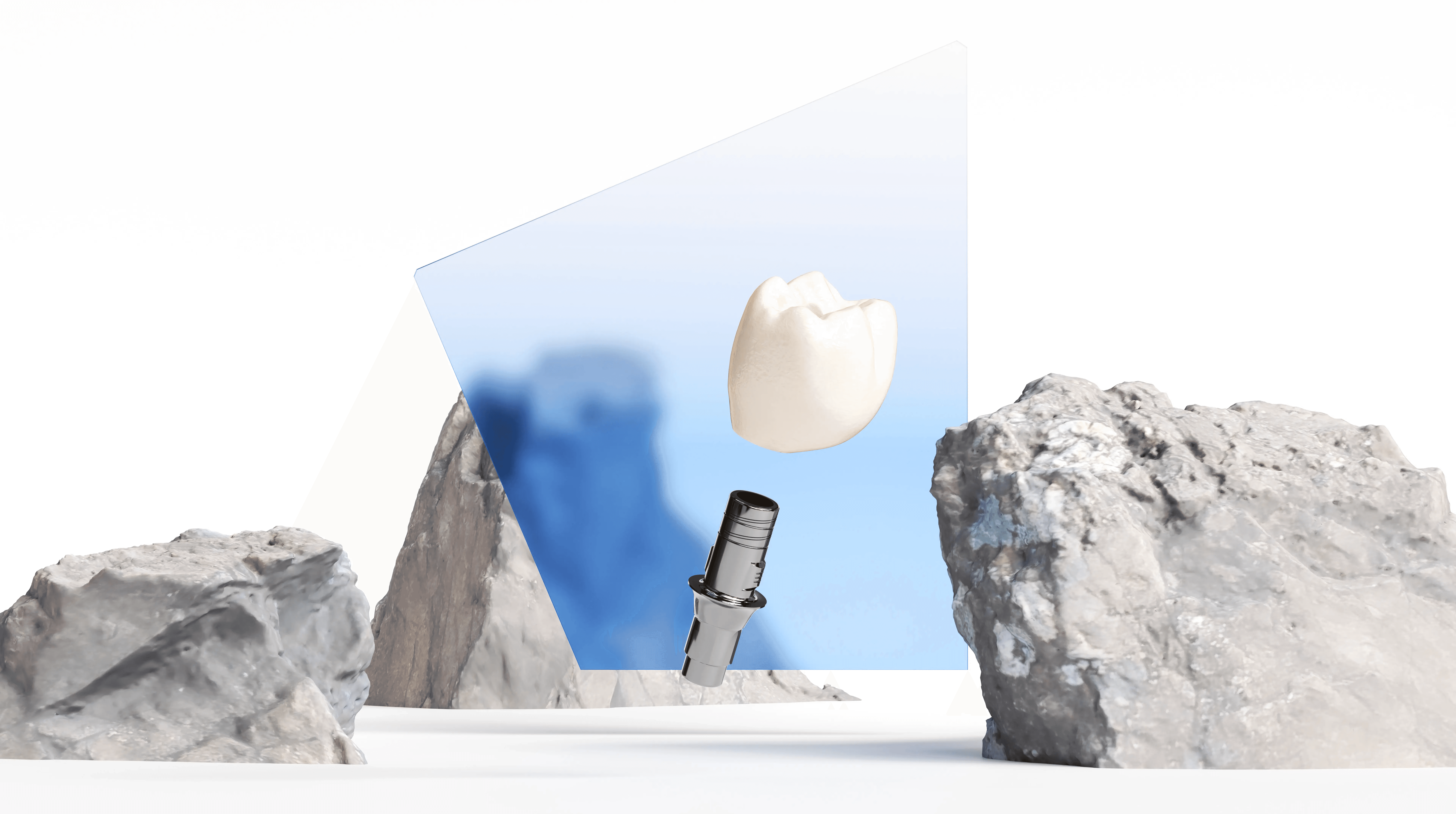 3D dantų implanto ir karūnėlės vizualizacija – techninis produkto atvaizdas akmens fone, sukurta Renderiai.