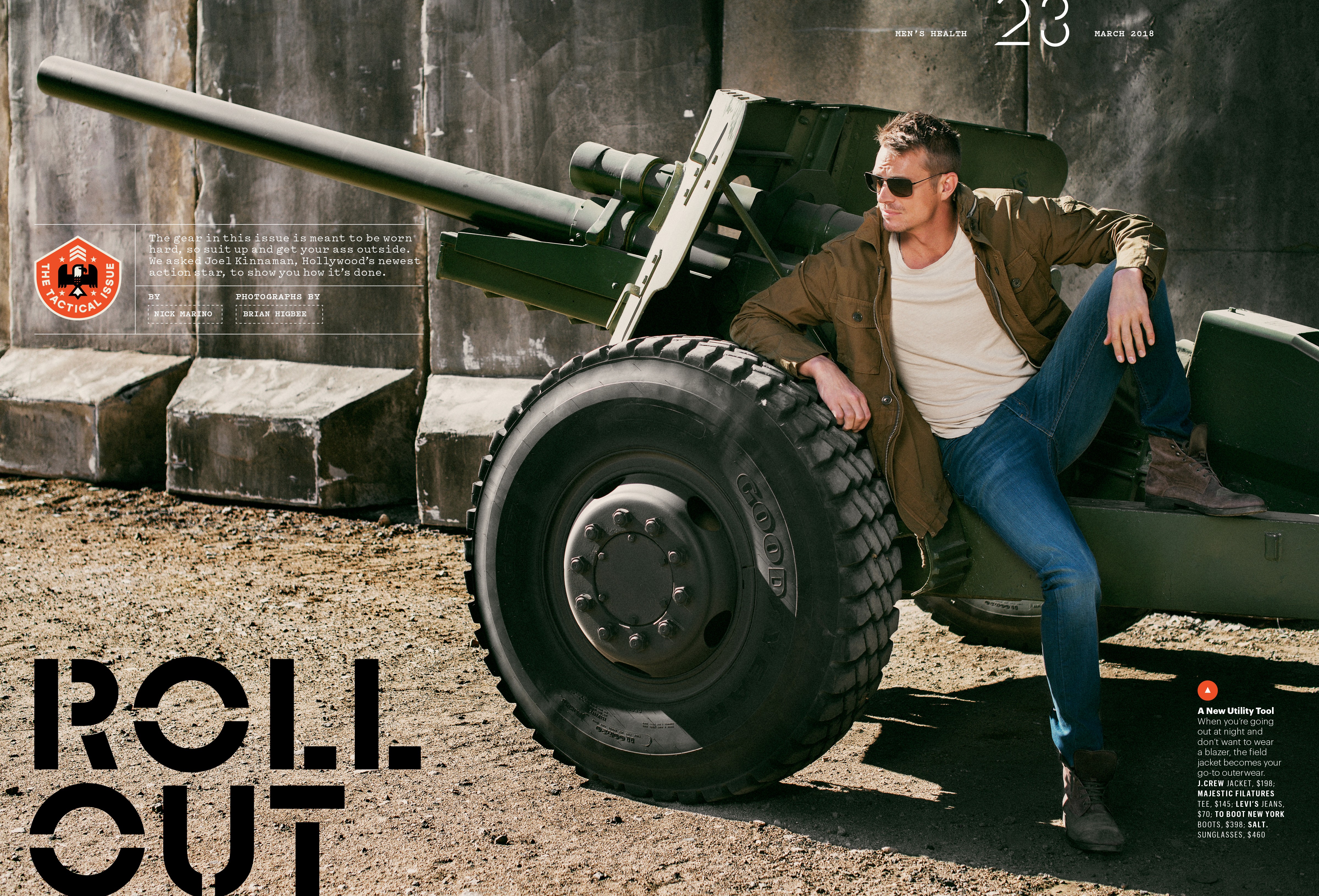 A layout of a fashionable man in a rugged look sitting on top of an anti-tank gun.