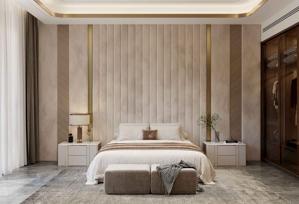 A cozy bedroom featuring a bed, dresser, and mirror, designed in the Ocean Crest style.