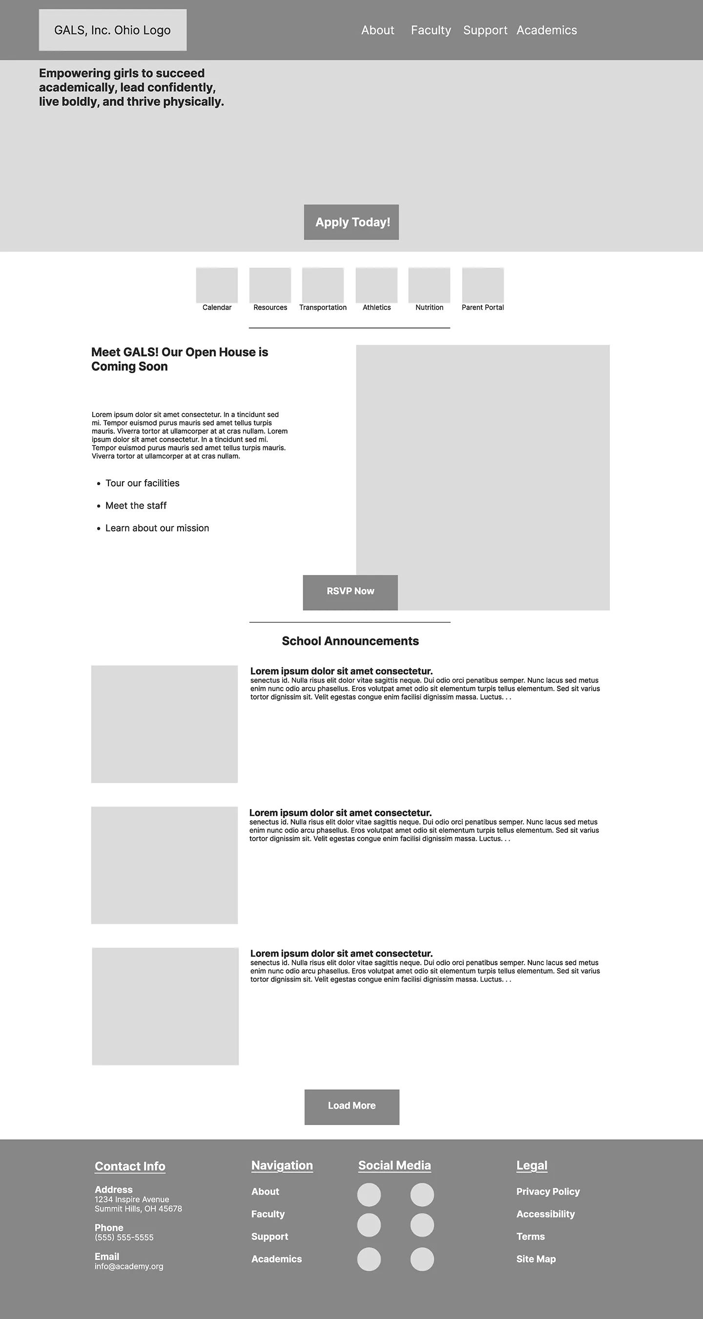 Series of low-fidelity wireframes testing layout structure and enrollment-focused hierarchy.
