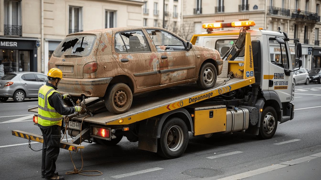 Un camion de remorquage professionnel est en train d'enlever un véhicule abandonné sur un terrain privé, respectant ainsi les règles du code de la route et les réglementations sur les véhicules hors d'usage. Ce processus vise à éliminer les nuisances et à garantir la sécurité des lieux.