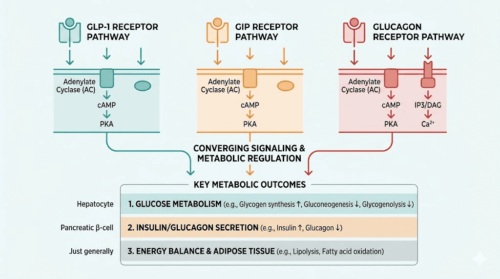 Retatrutide triple agonist mechanism showing GLP-1 GIP and glucagon receptor activation