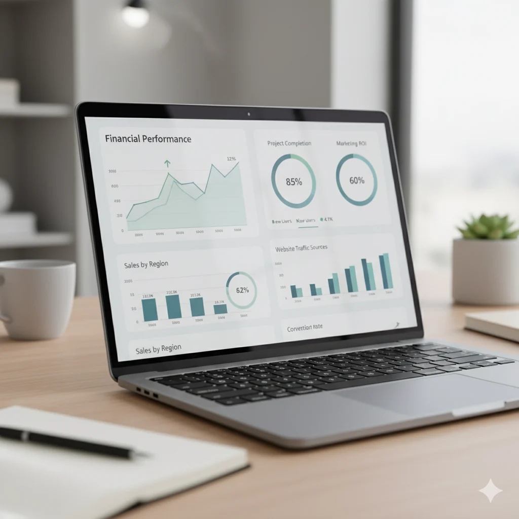 Laptop displaying financial performance and marketing analytics dashboard – RJP.design, Web Design Agency NYC specializing in website design, data-driven strategy, and digital marketing solutions.
