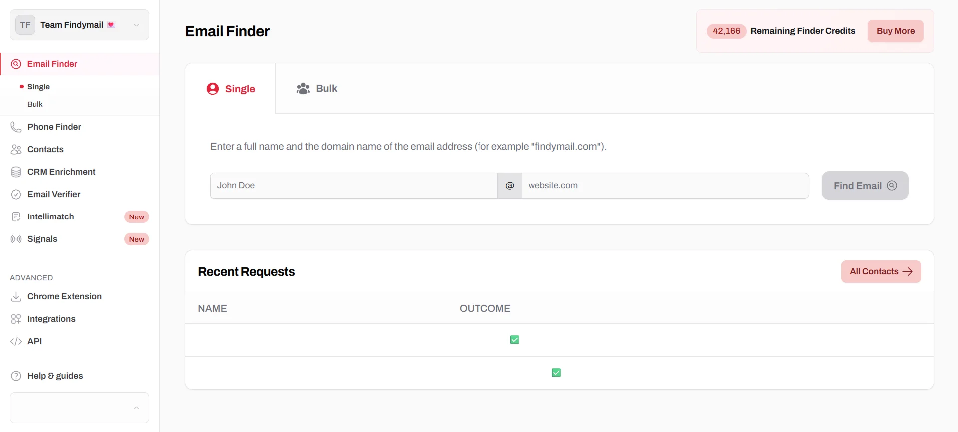 Findymail email finder dashboard showing search input, verified results, and accuracy score.