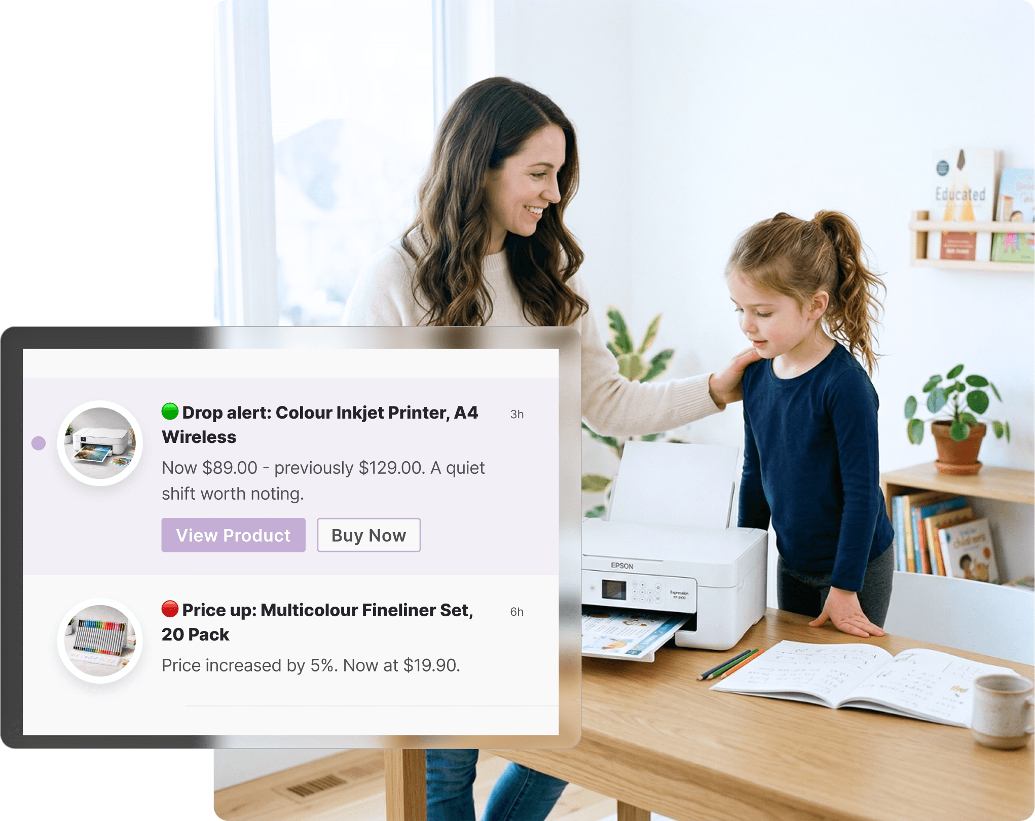 Mother and young daughter using an Officeworks-style Epson printer at a desk, with children's books on a shelf and a workbook open on the table, with Whisprice price change notifications visible in the foreground.