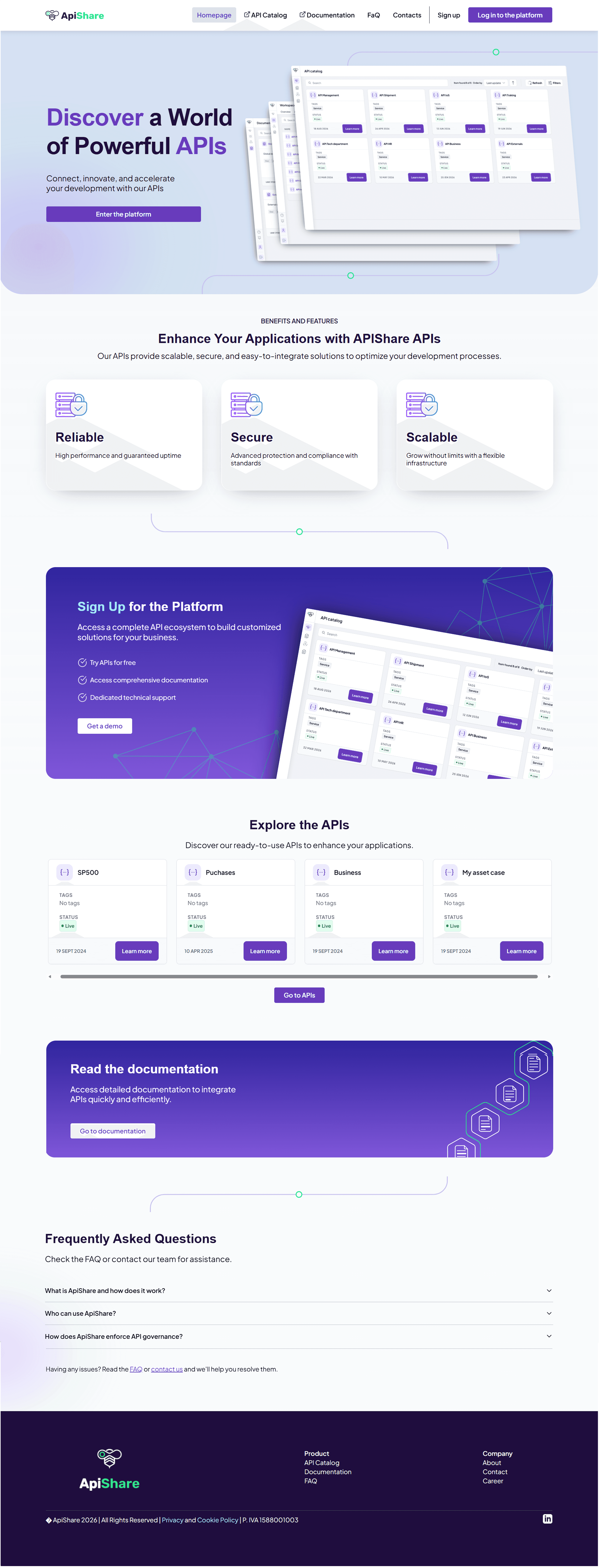 Public showcase home page presenting the API catalog to external developers