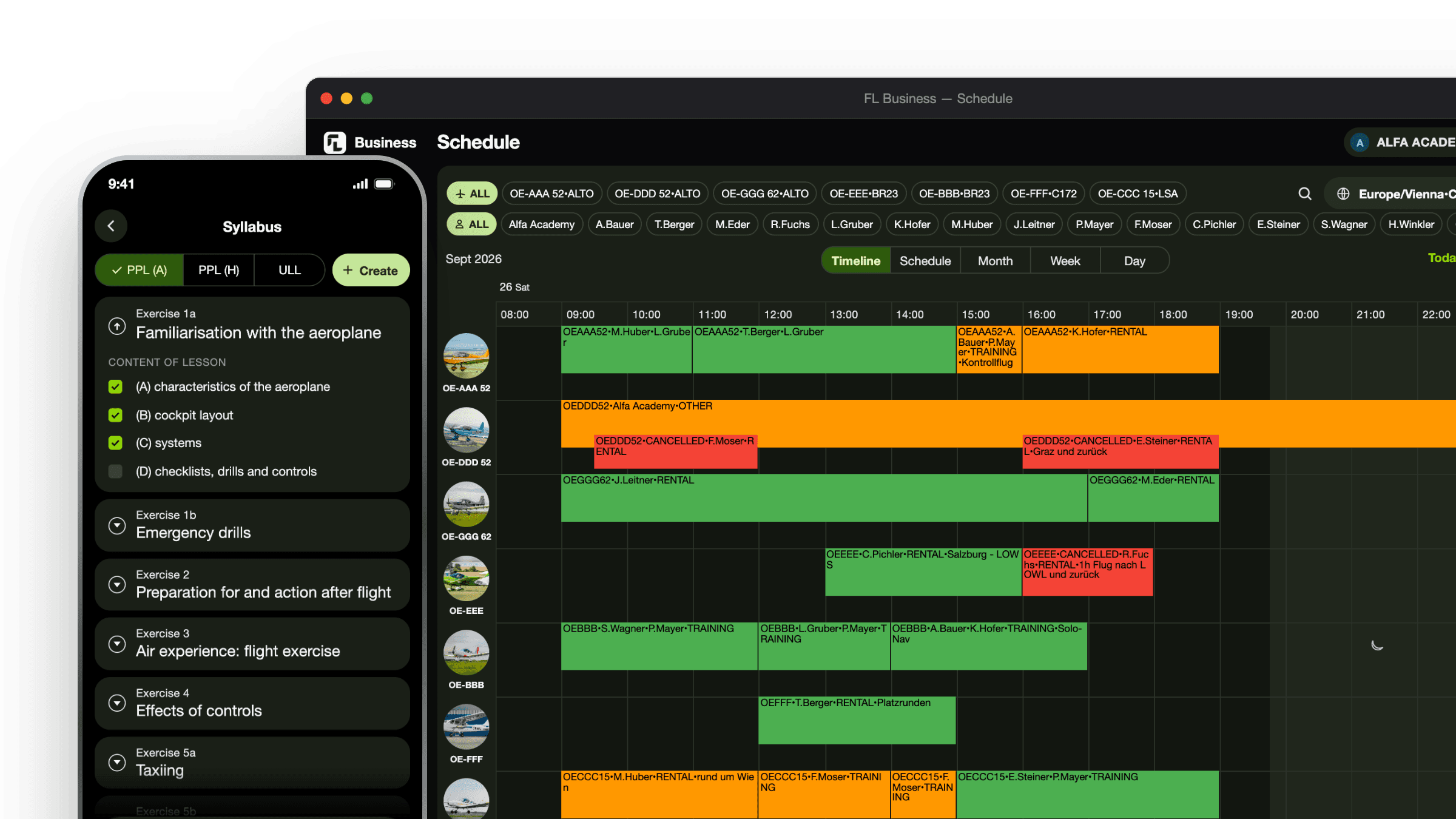 FLYLOG.io flight school app on iPhone showing aircraft reservations