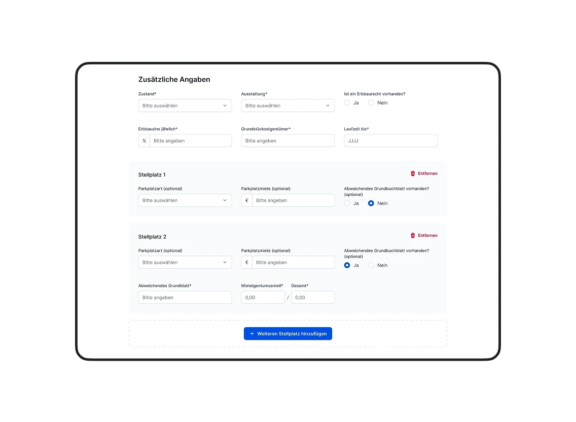 UI zusätzliche Angaben und Eingabefelder