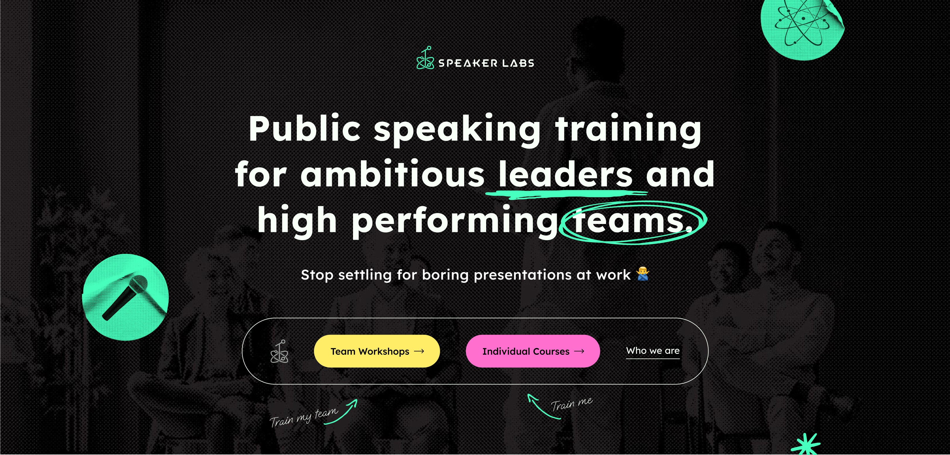 Mock up of the hero section of the Speaker Labs homepage showcasing all of the brand elements coming together