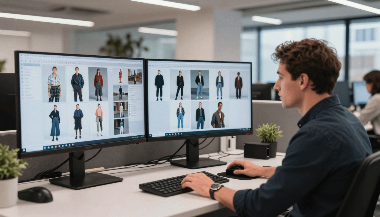 Creative director art directing AI-generated fashion campaign with complete aesthetic control