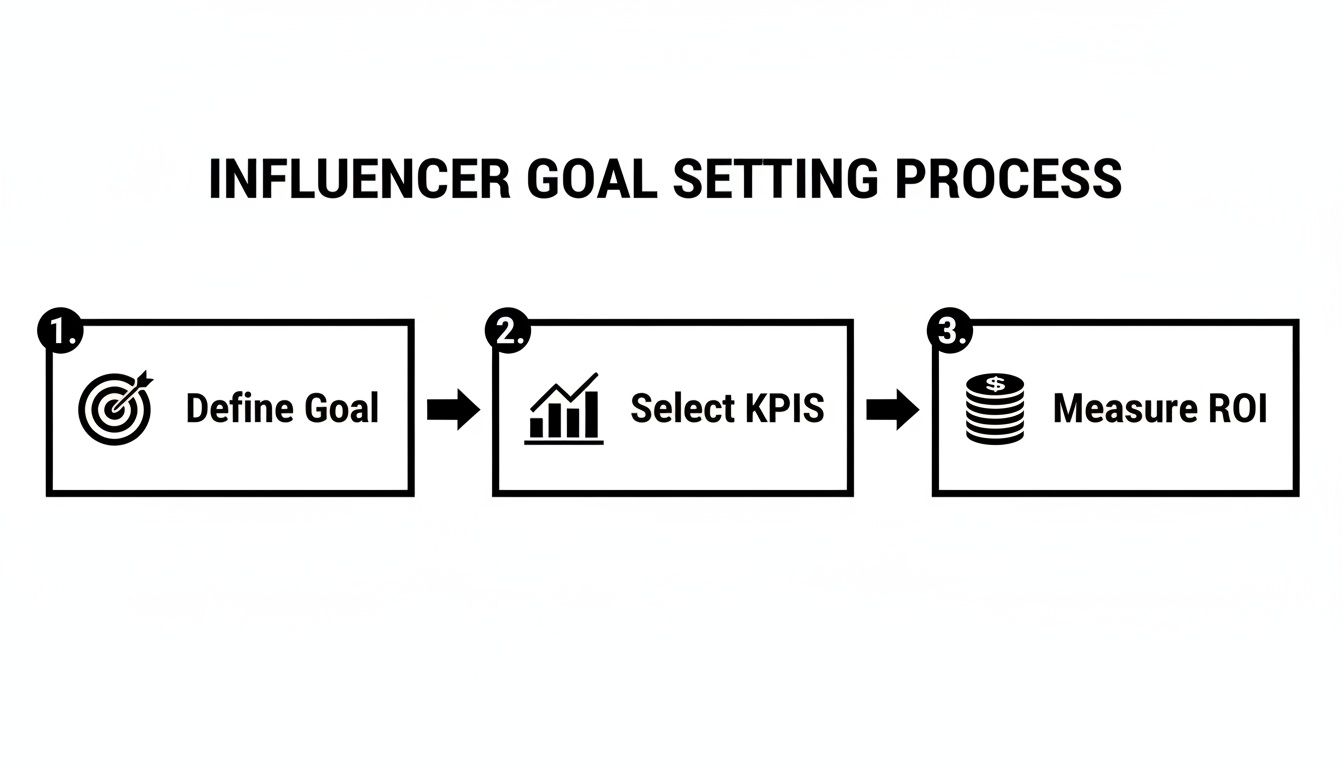 Infographic showing the 3-step Influencer Goal Setting Process: Define Goal, Select KPIs, Measure ROI.