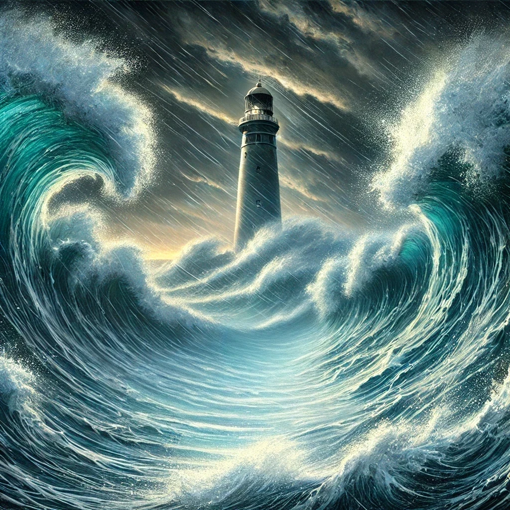 A powerful ocean vortex sucks Thomas into the painting.