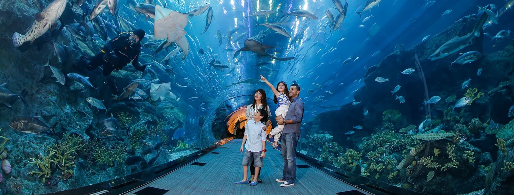 A family of four exploring the Dubai Aquarium and Underwater Zoo during things to do in Dubai with family.