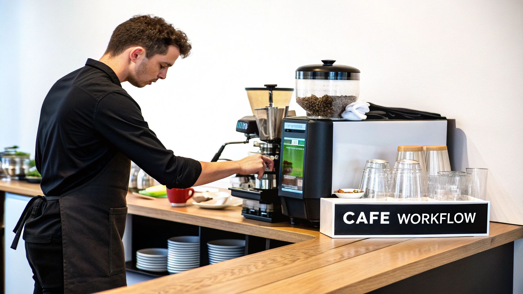 A barista in a black shirt and apron preparing coffee with an espresso machine in a modern cafe.