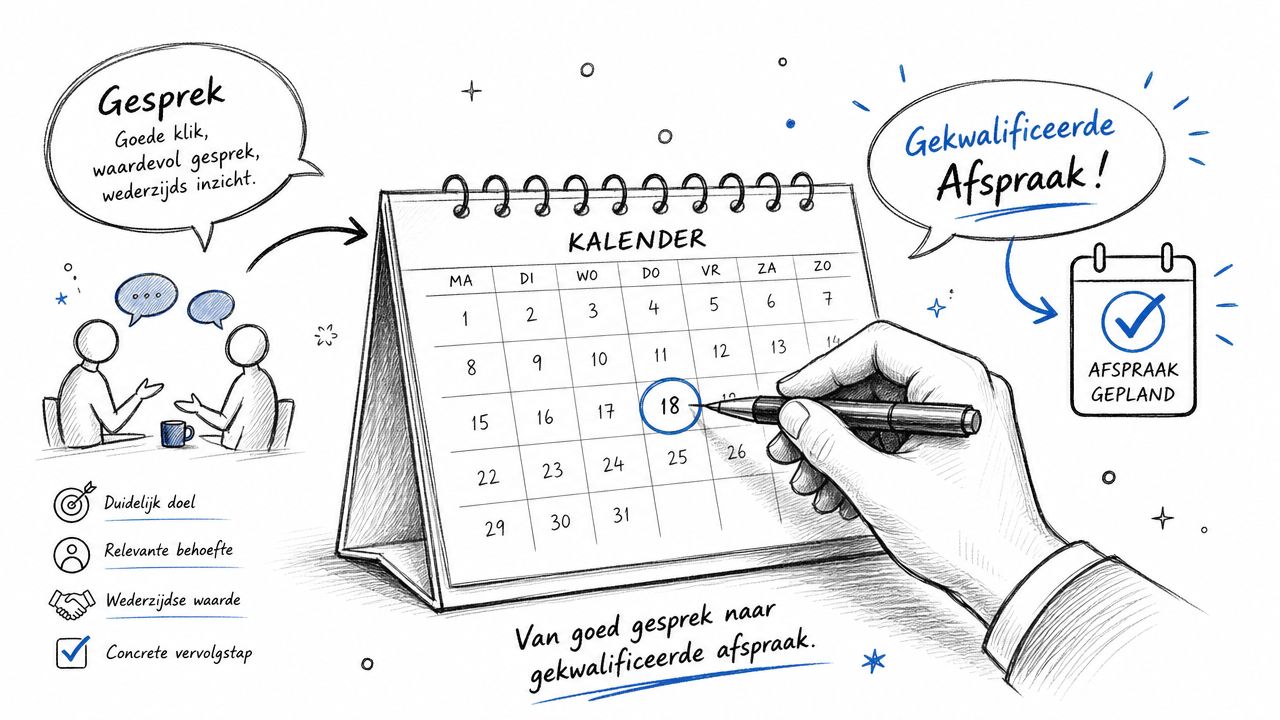 Een schetsillustratie die het proces van een goed verkoopgesprek naar een concrete b2b afspraak visualiseert.
