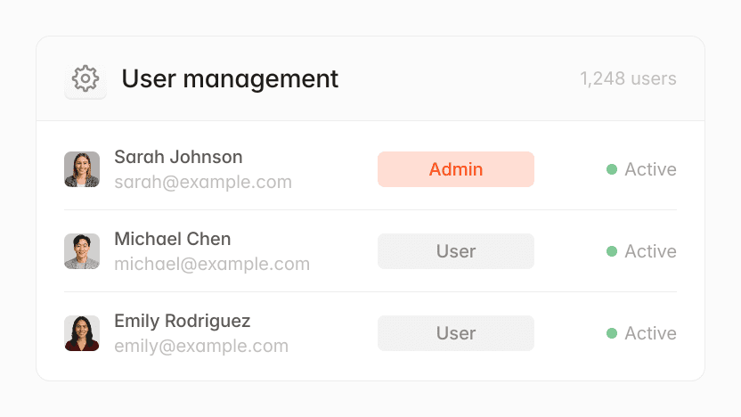User management dashboard showing Sarah Johnson (Admin), Michael Chen (User), and Emily Rodriguez (User).