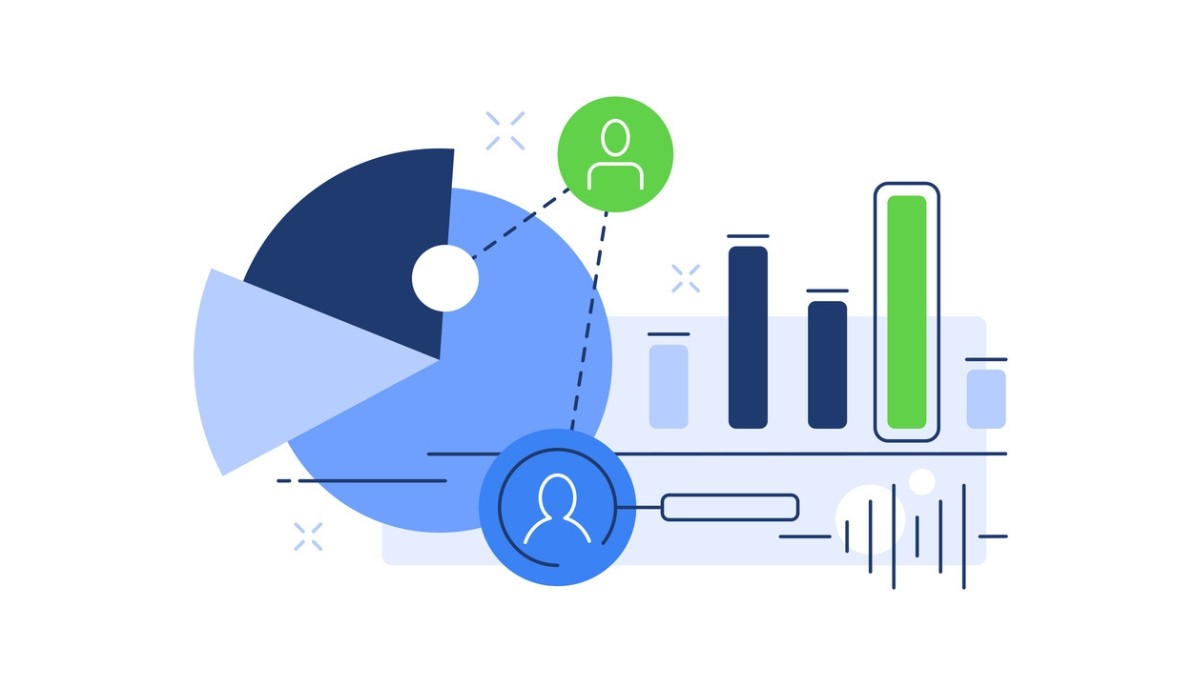 Illustration of a woman seated at a desk working on a computer, holding a paper while a large monitor behind her shows a rocket launch, surrounded by floating dollar signs, gears, paper airplanes, and a light bulb.