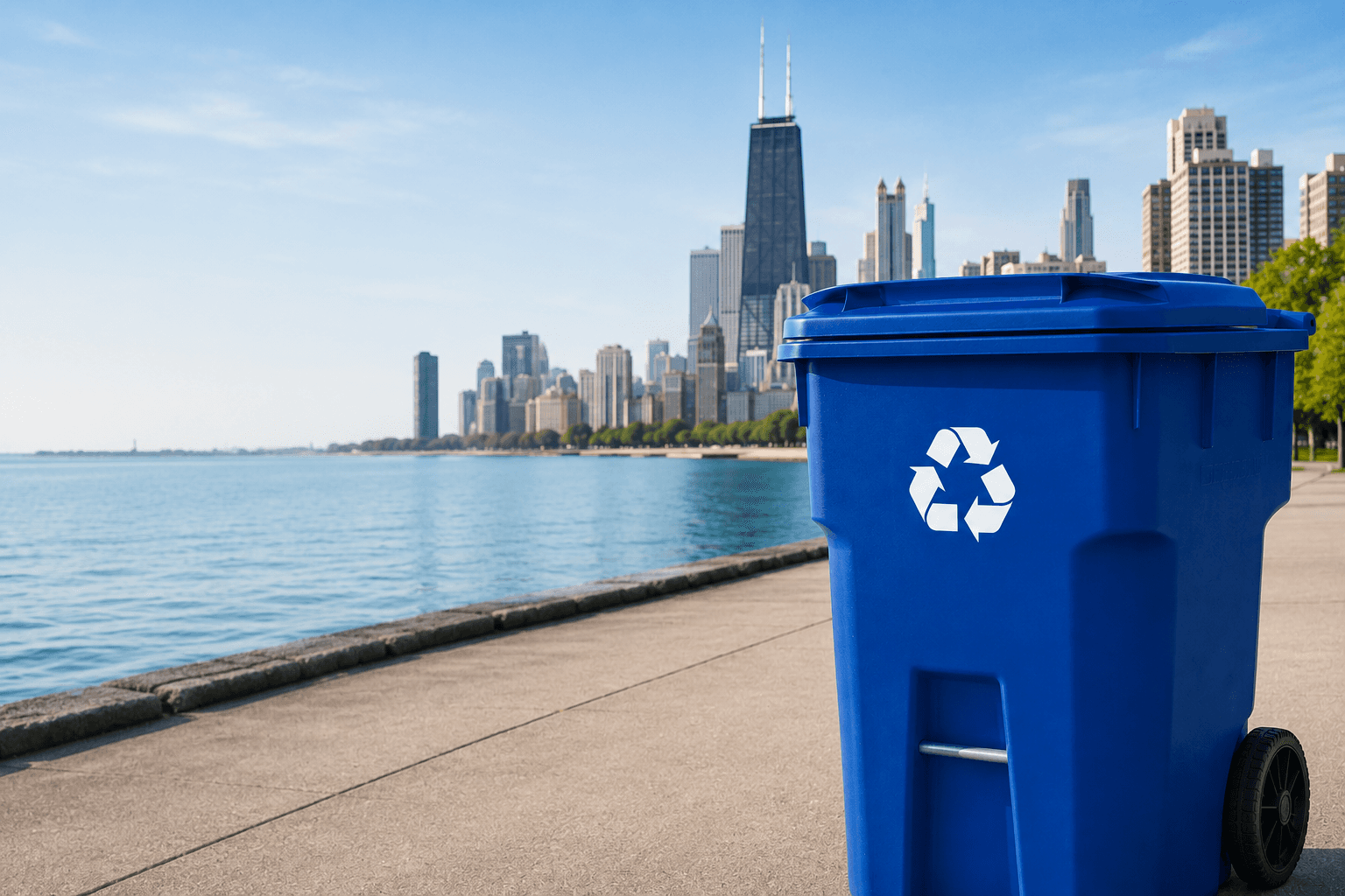 Blue Recycle Bin with Chicago Skyline in Background