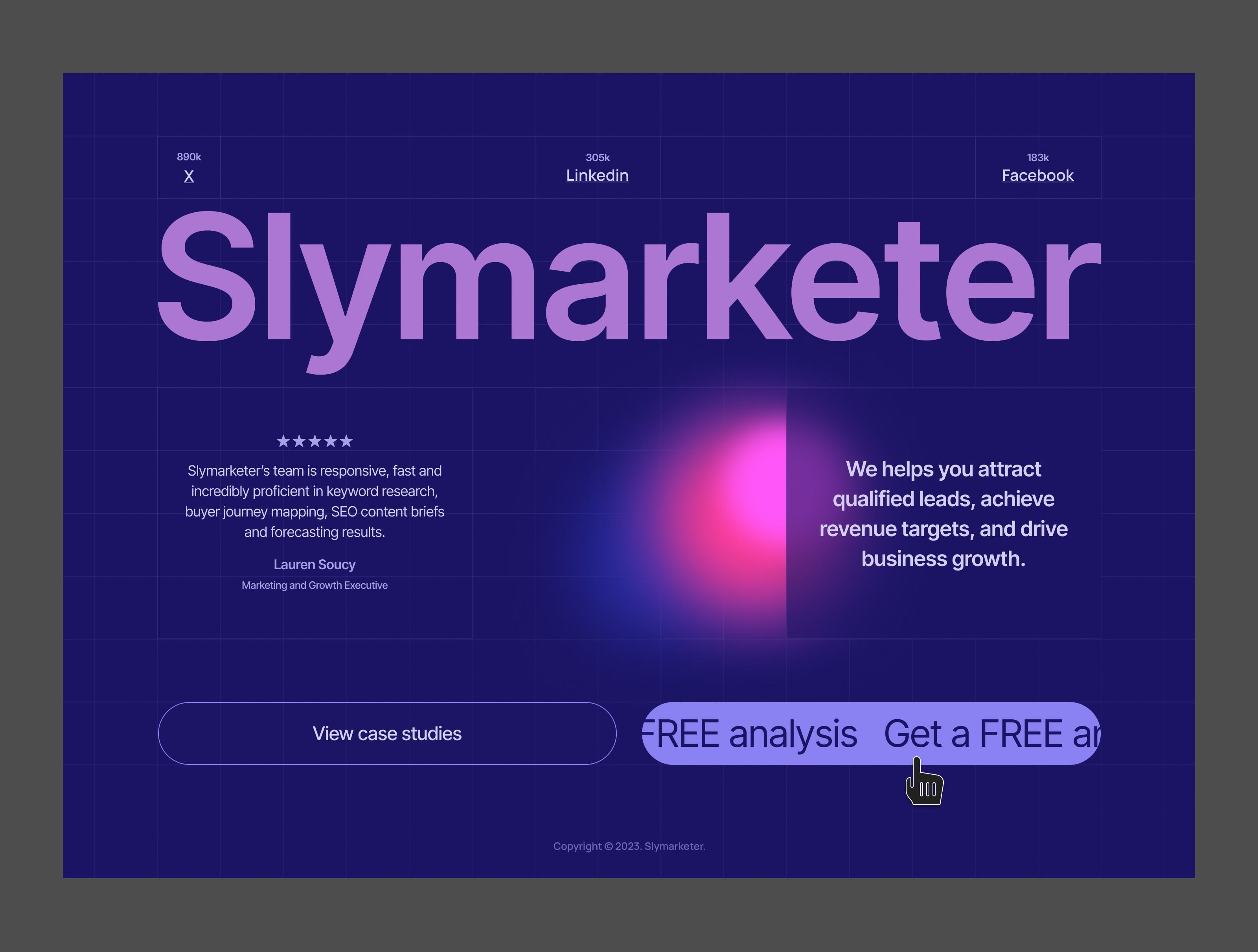 Slymarketer footer design. Dark footer design. Modern footer design. Blue footer design.