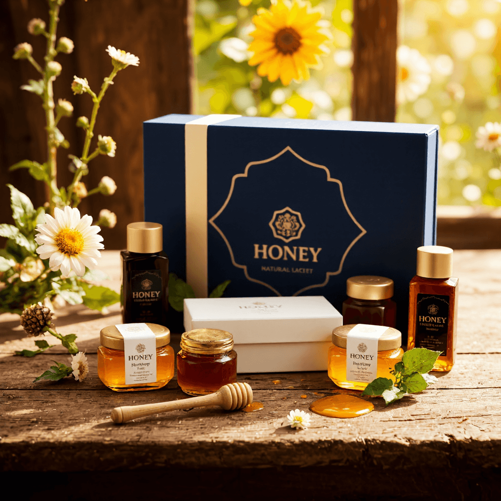 product photography of a gift box of natural honey products