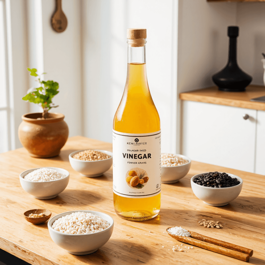 product photography of a bottle of vinegar fermented with five grains