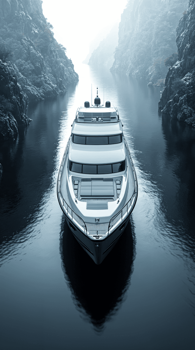 Luxury yacht navigating narrow mountain canal with serene water reflections.