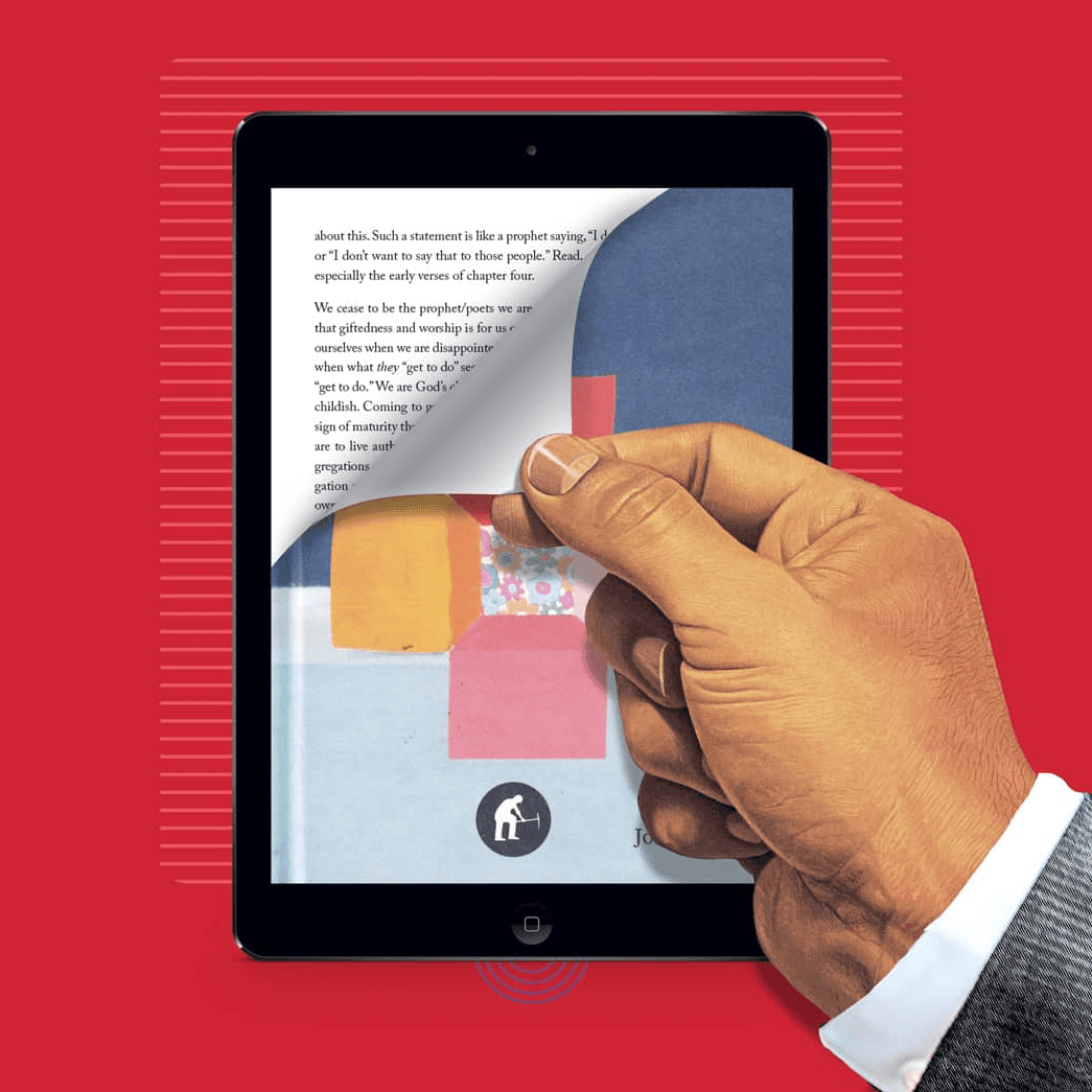 Mano pasando página en tableta digital con fondo rojo.