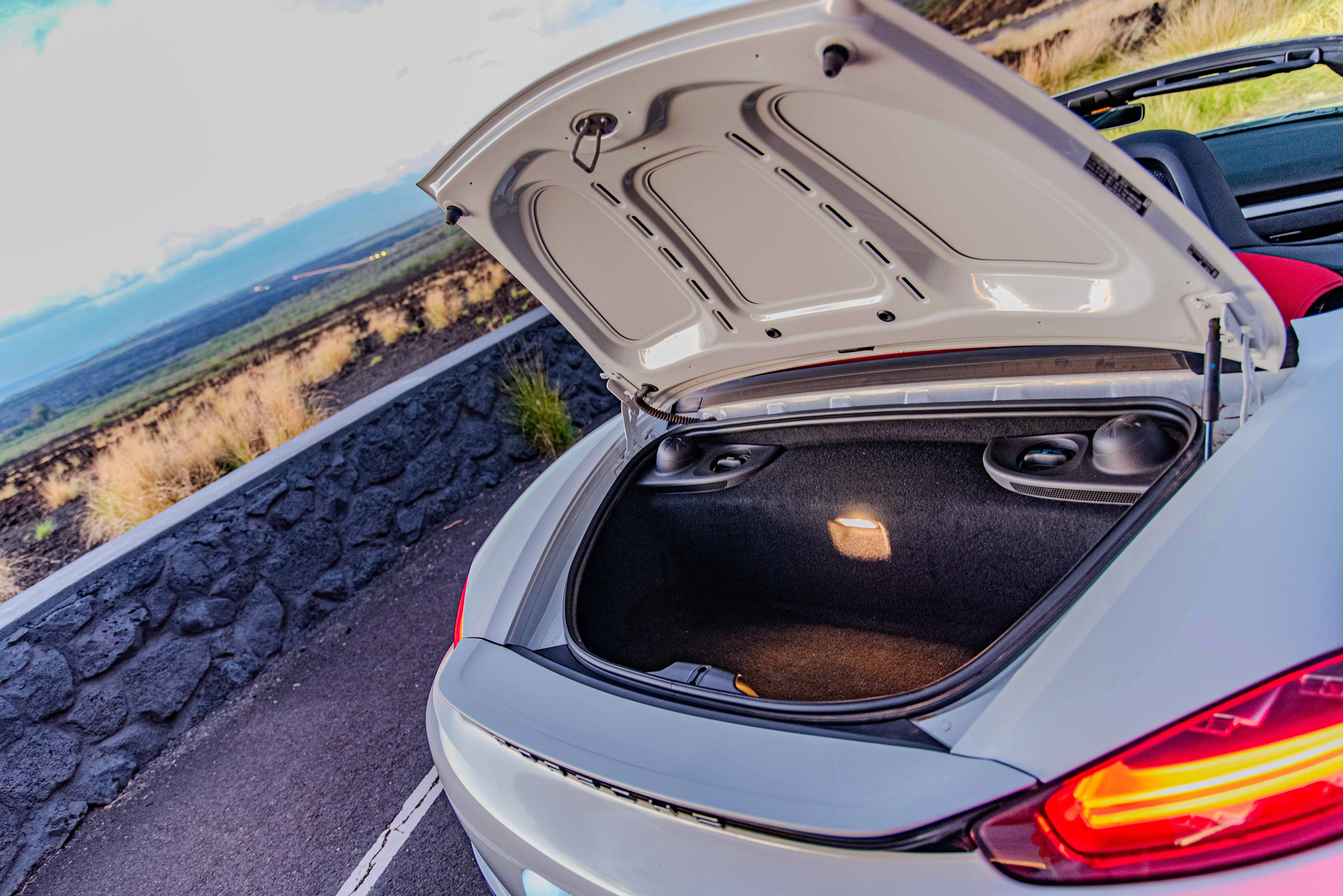 White Porsche Boxster Under Sunset Hawaii Big Island For Rent Trunk