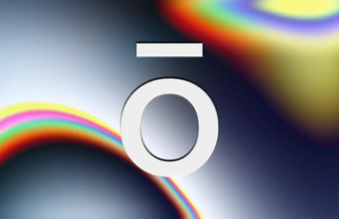 A white "O" symbol with a horizontal bar above it, set against a dark background with vibrant, rainbow-colored light leaks.