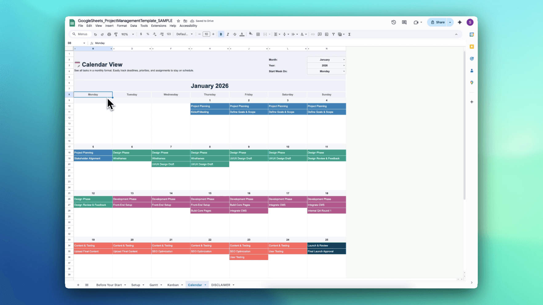 Google Sheets project management calendar view – monthly task grid showing Project Planning, Design Phase, Stakeholder Alignment, and development tasks in color-coded blocks