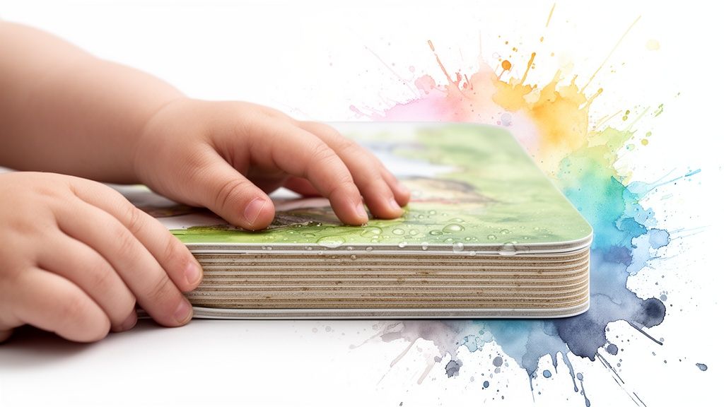 Toddler hands gently touching a thick, waterproof board book against a colorful splash background.
