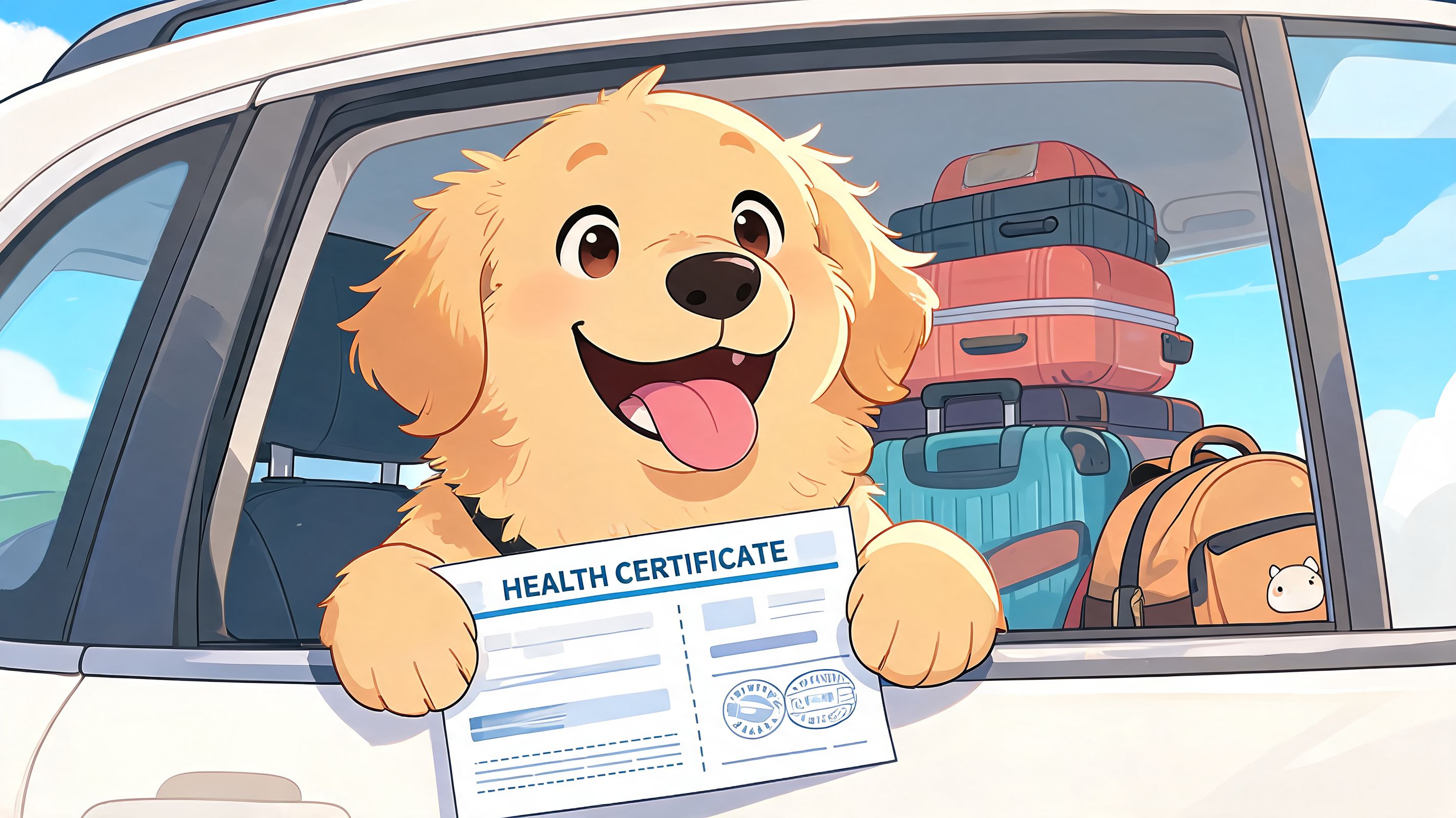 A happy golden retriever puppy holding a dog health certificate inside a car with packed luggage.