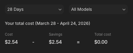 Screenshot showing total LLM cost of $2.54 SGD across all development and testing of the personal finance AI agent