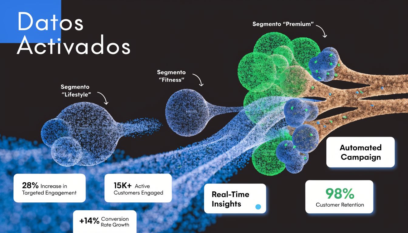 Representación visual de datos activados, segmentación de clientes y resultados de marketing digital automatizado.
