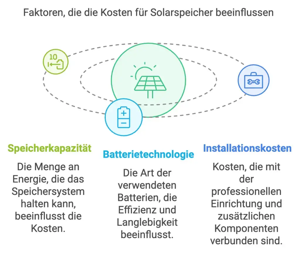 Speicherkapazität, Batterietechnologie und Installationskosten sind Faktoren, die die Kosten für Solarspeicher beeinflussen