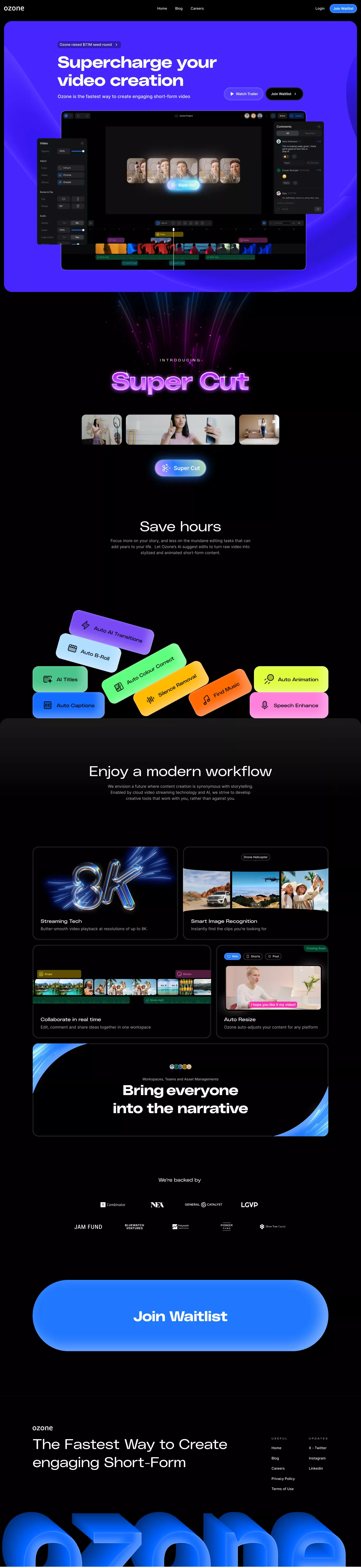 Ozone - Create Videos Faster with AI. landing page screenshot showcasing Design and Tech design
