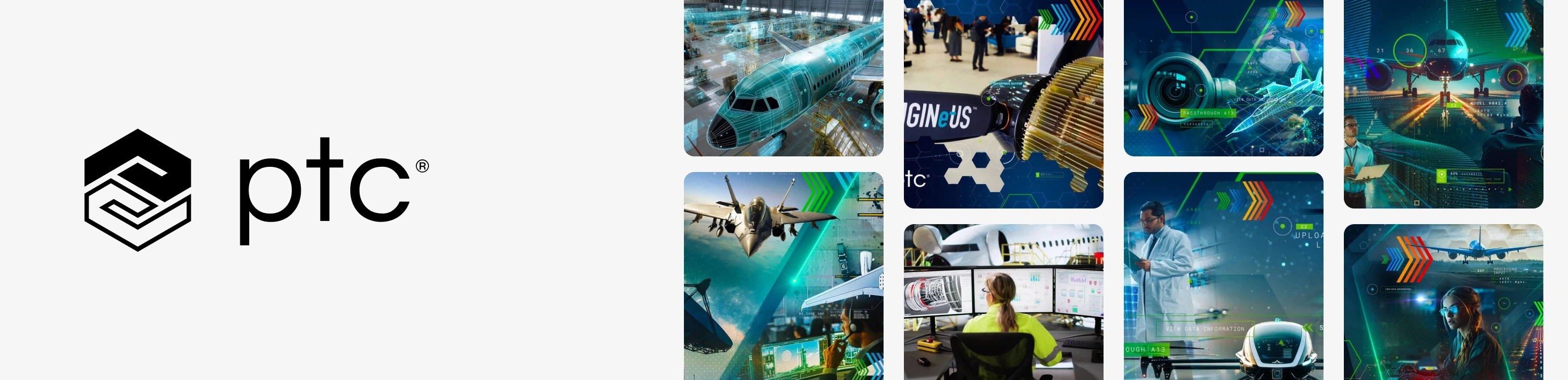 PTC logo beside photographs of aircraft in assembly, engineers at design workstations, and 3D models of aerospace components on screen.