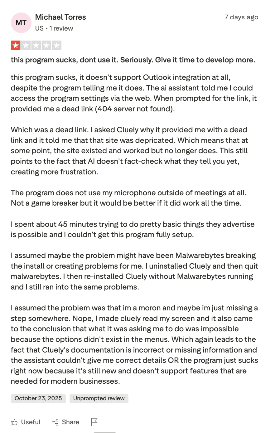 Cluely Review on Trustpilot