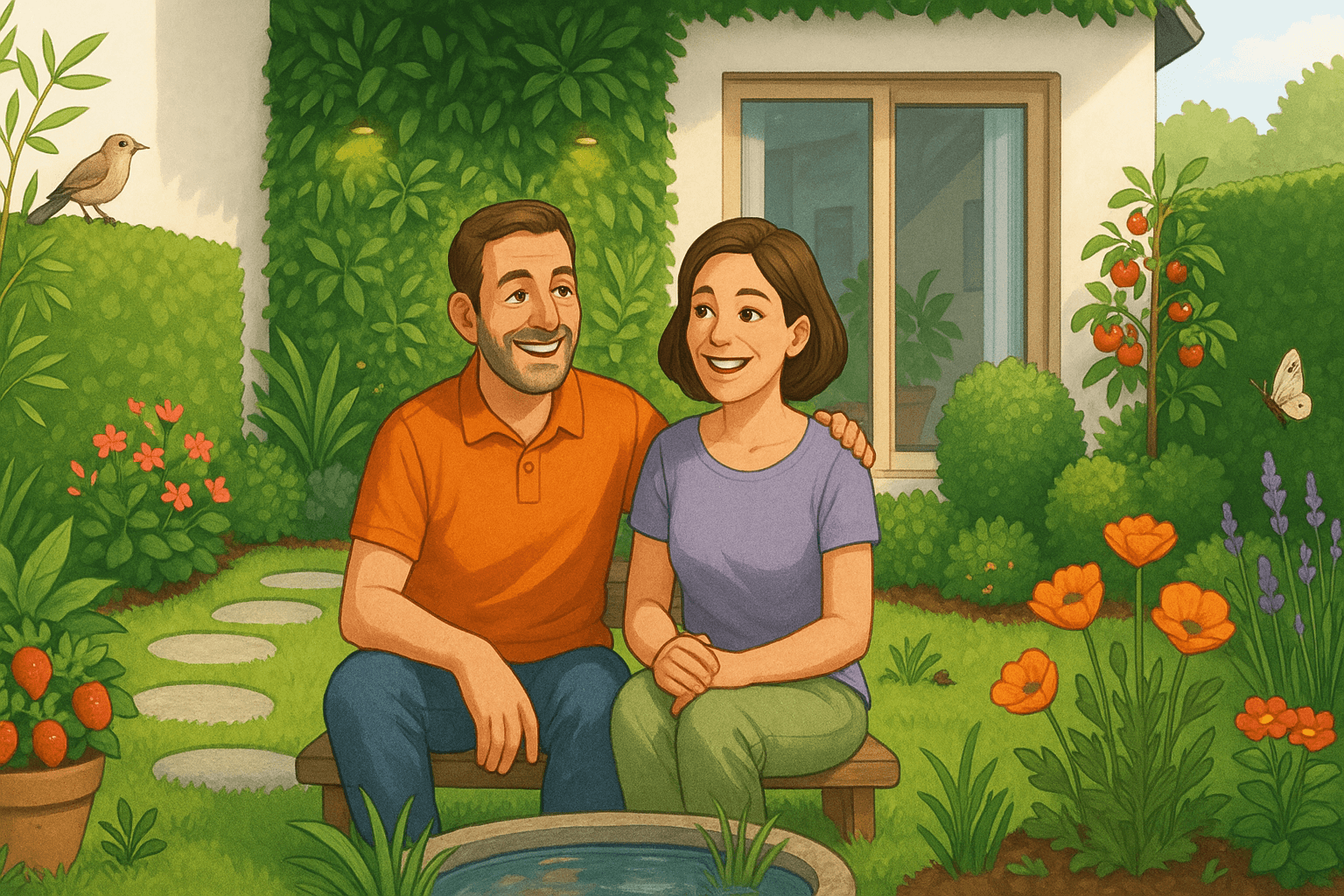 couple de 40 ans dans un petit jardin