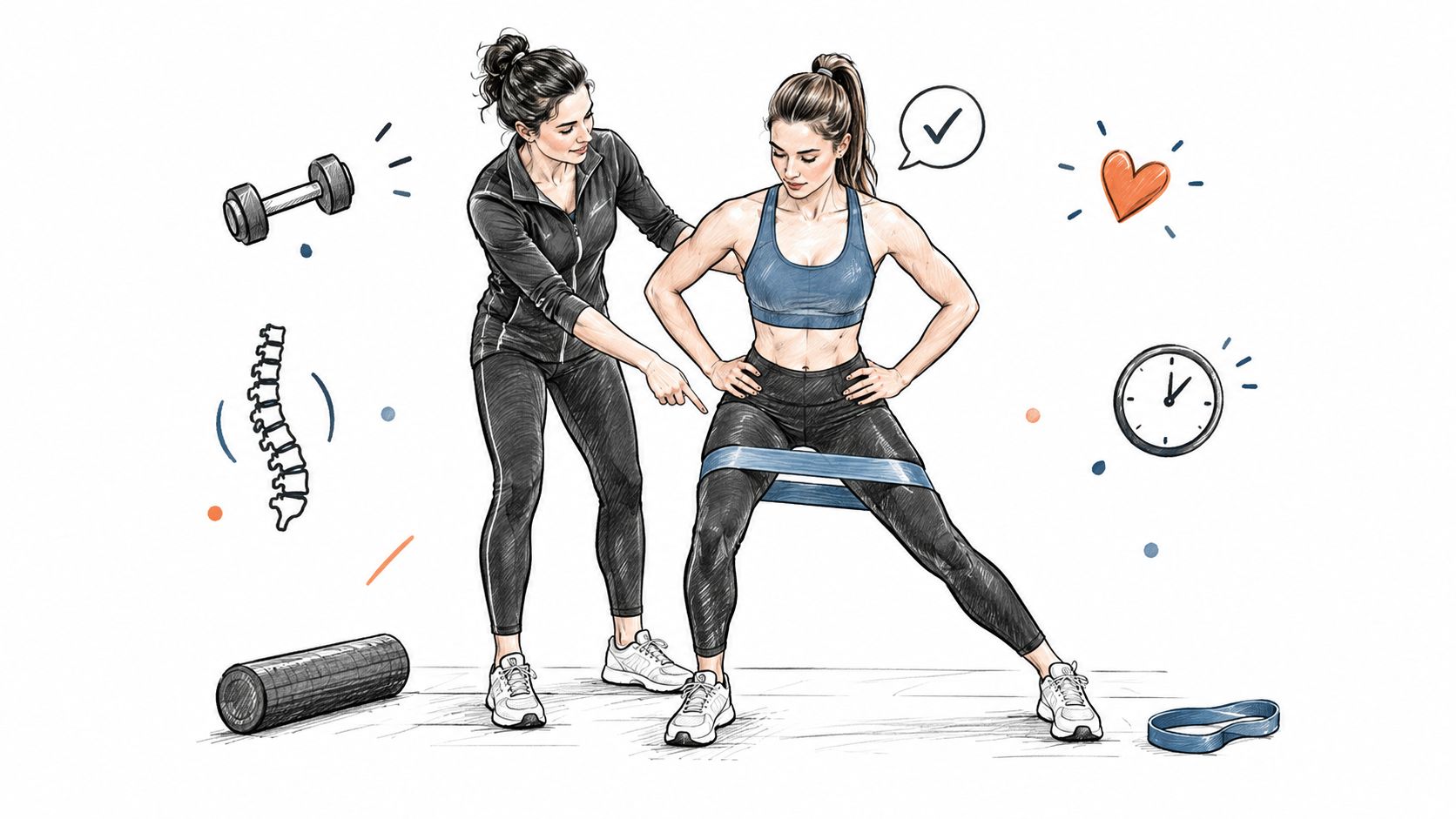 A fitness instructor guiding a client performing a side lunge exercise with a resistance band.