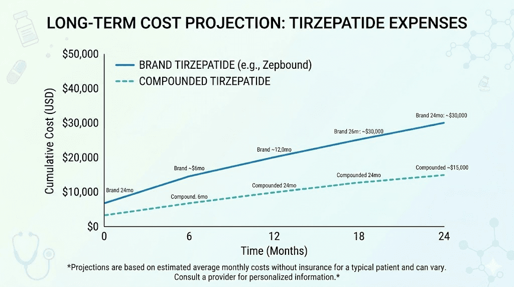 Long-term tirzepatide cost projection brand versus compounded over 24 months