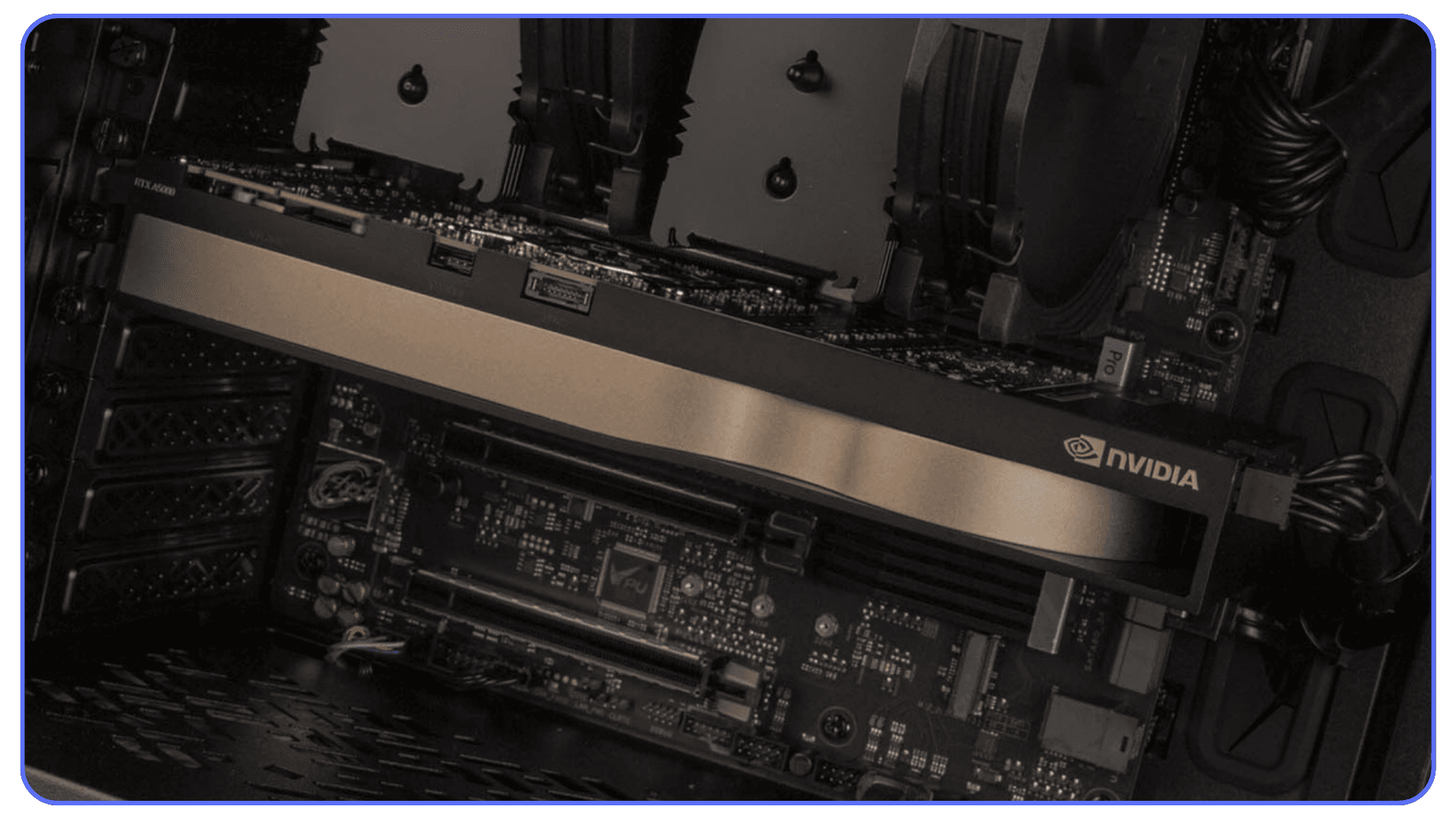 NVIDIA RTX GPU installed inside a desktop workstation, showing PCIe slot connection and motherboard layout.