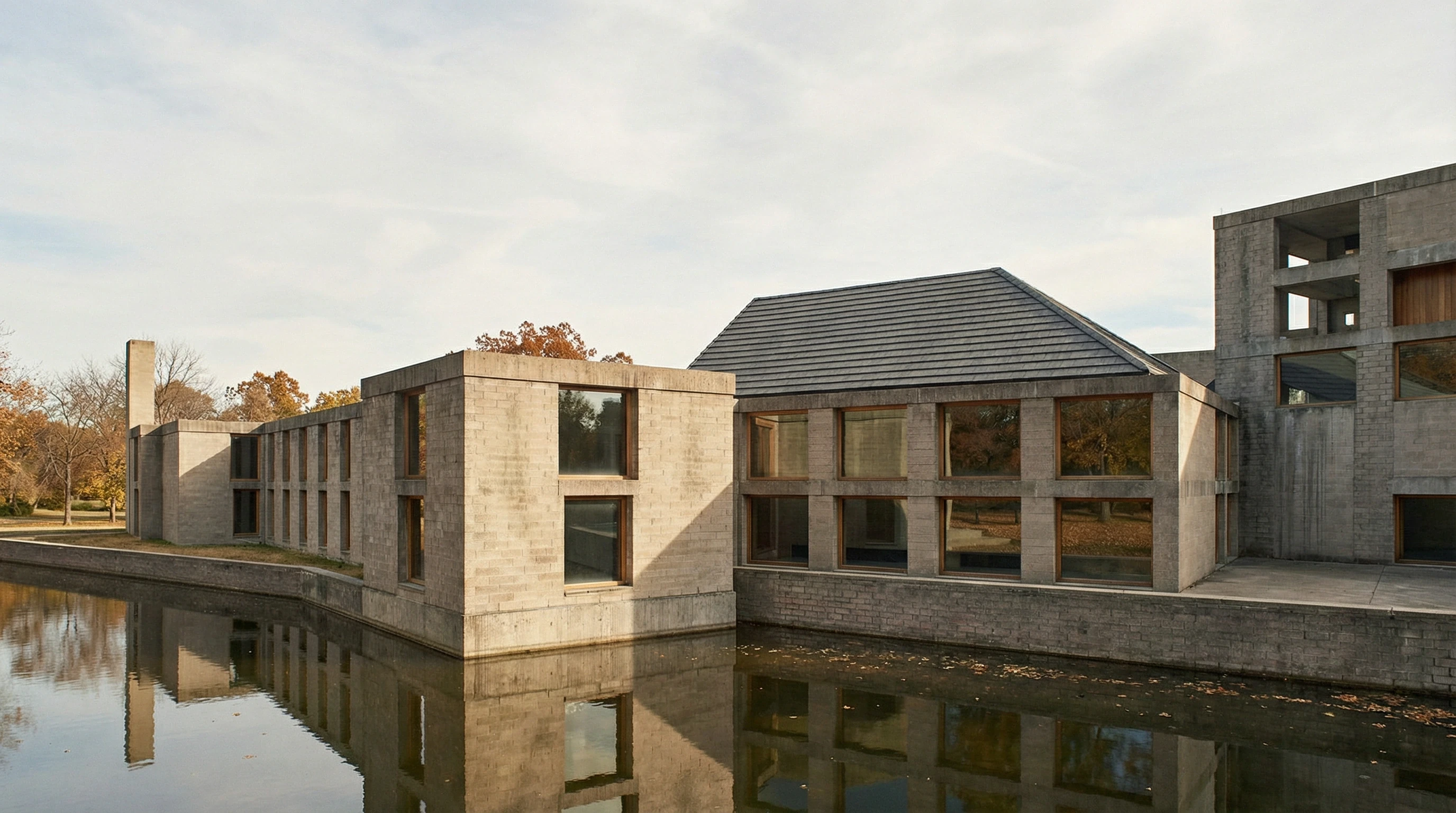 Panoramic aerial view of the full concrete monastery complex — Dominican Motherhouse II AI reconstruction