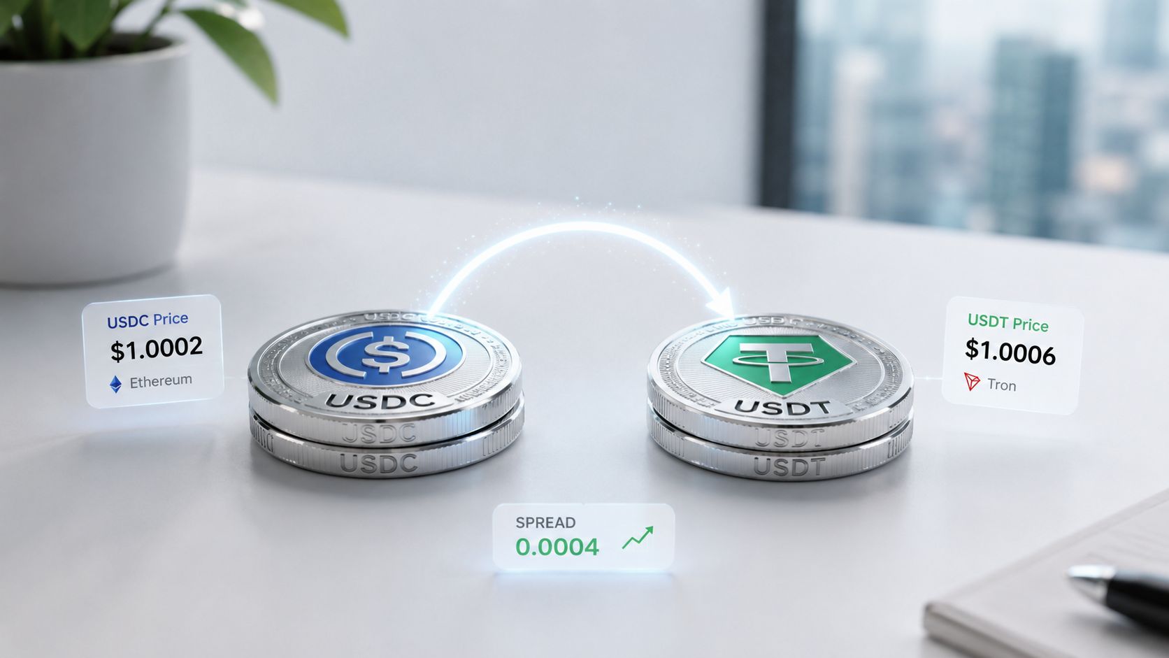 A digital representation of crypto currency conversion between USDC on Ethereum and USDT on Tron network.