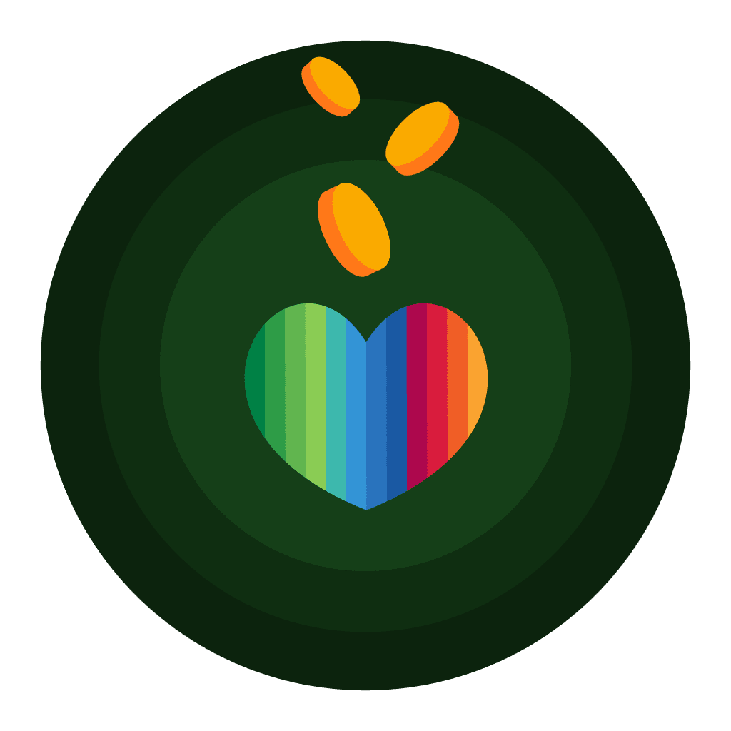 Rainbow heart with gold coins dropping onto it on a dark green circle