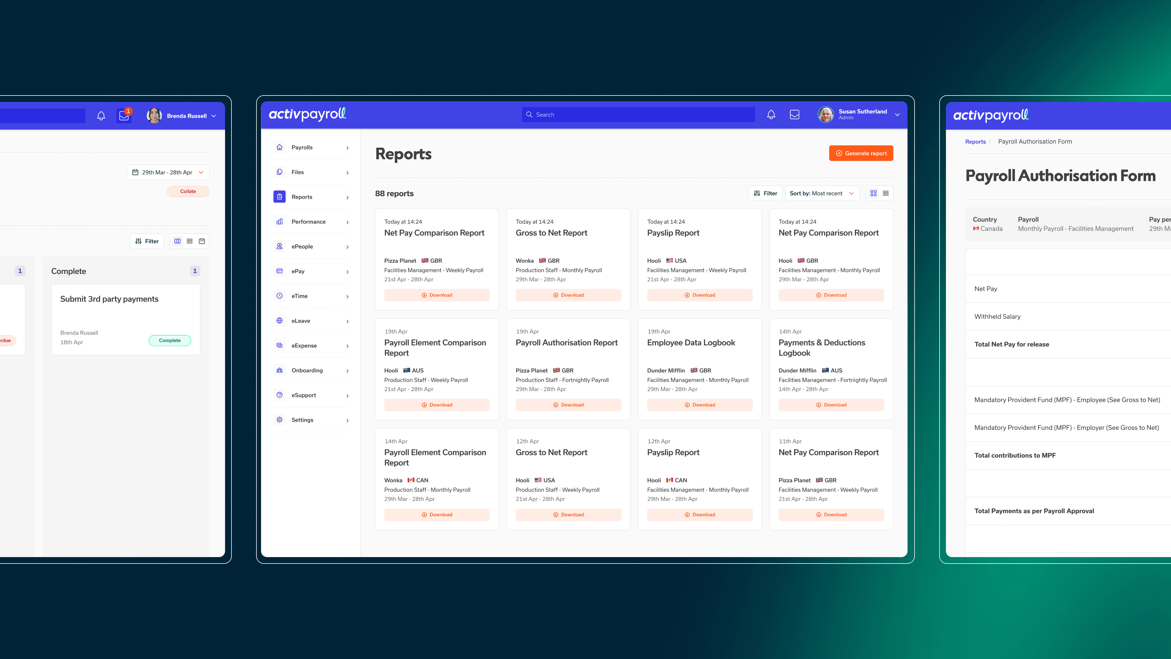 Payroll reporting system interface with downloadable reports and payroll authorisation form