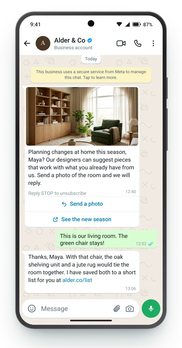 A designer's suggestion, by reply: WhatsApp win-back message on an Android phone