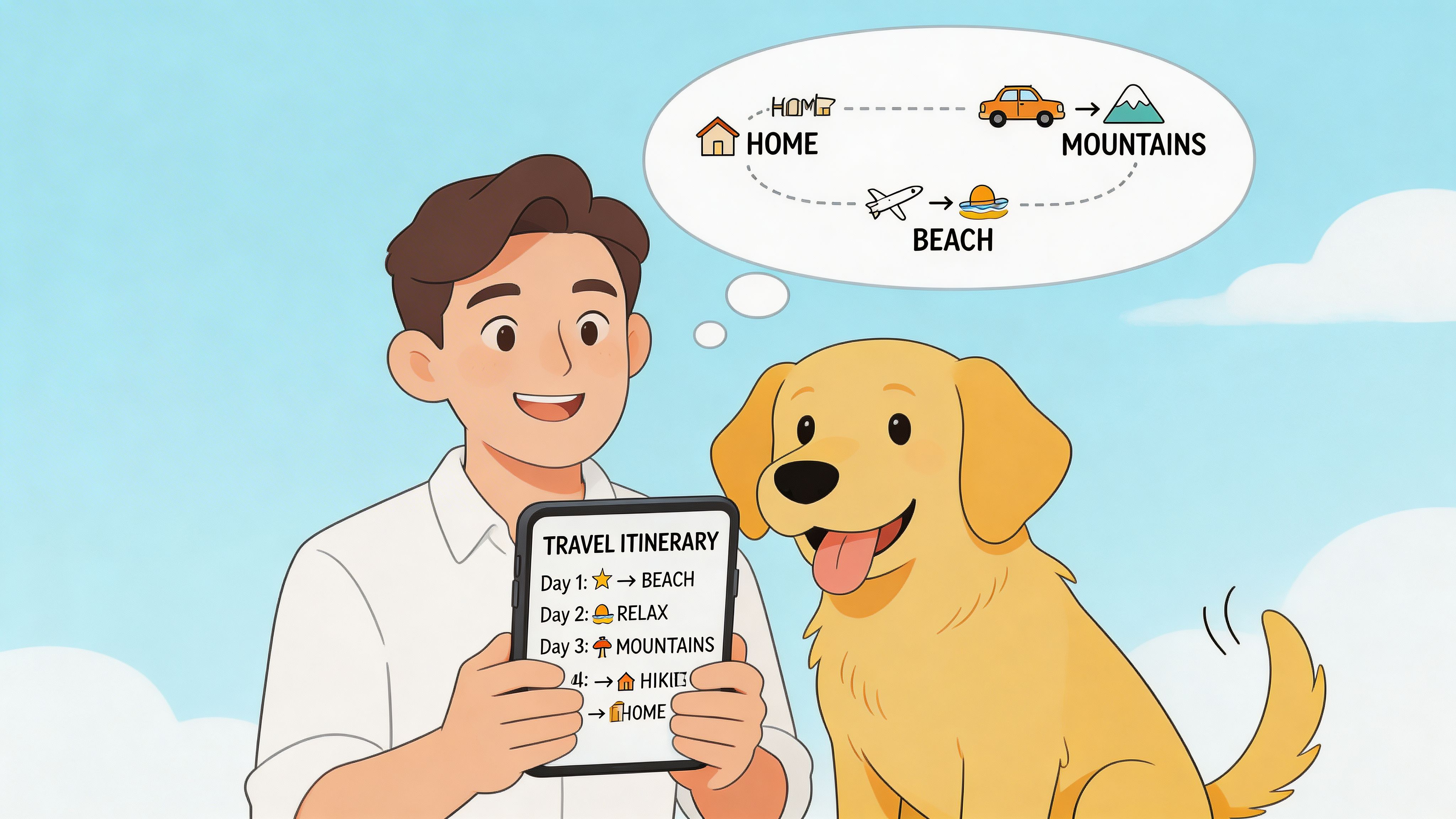 A man smiling while showing a travel itinerary to his happy golden retriever dog.