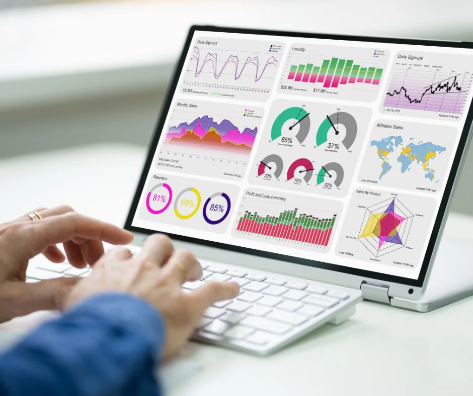 A marketer calculating brand awareness KPIs on computer
